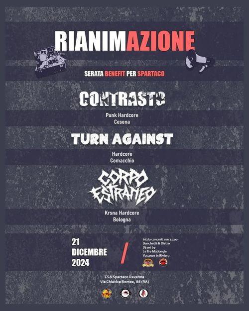 Rianimazione, serata benefit per Spartaco con CORPO ESTRANEO+TURN AGAINST+CONTRASTO 